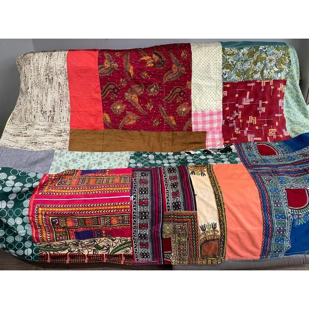 VTG Handmade Patchwork quilt bedspread thin hippy animal full 85 X 71